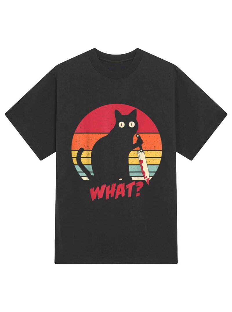 Vintage Cat What Funny Murderous Black Cat With Knife T-Shirt - Image 2