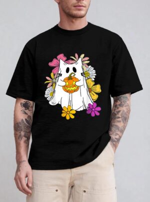 Vintage Floral Ghost Cat Halloween Graphic T-Shirt