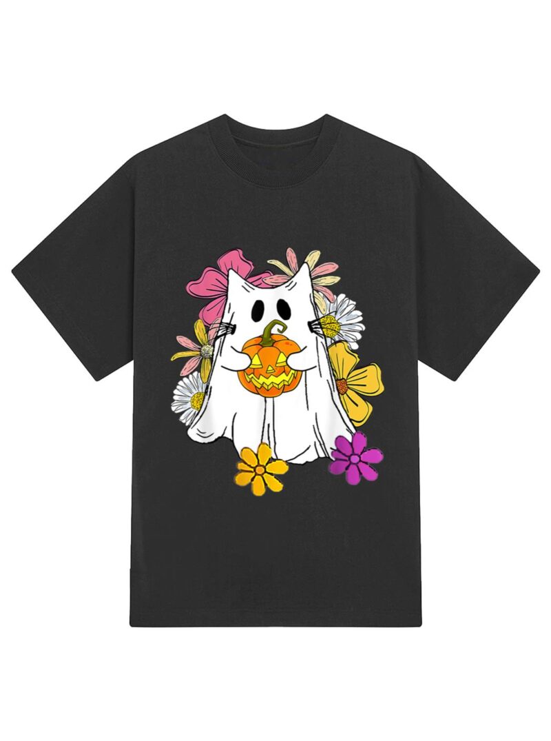 Vintage Floral Ghost Cat Halloween Graphic T-Shirt - Image 2