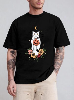 Vintage Floral Halloween Cat Ghost Pumpkin Auntum Women Kids T-Shirt