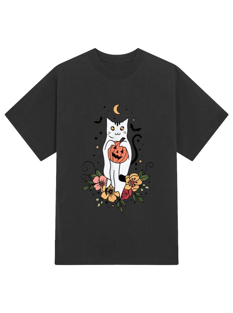 Vintage Floral Halloween Cat Ghost Pumpkin Auntum Women Kids T-Shirt - Image 2