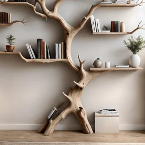 Wooden Wall Bookshelf – Decorative Tree Shelf for Living Room Display