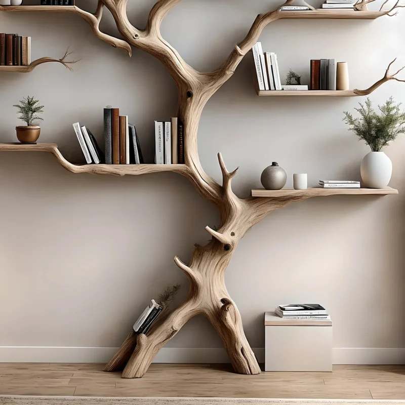Wooden Wall Bookshelf – Decorative Tree Shelf for Living Room Display