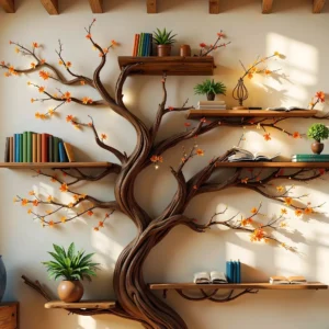 Rustic Wooden Tree Branch Bookshelf – Handmade Nature-Inspired Shelf