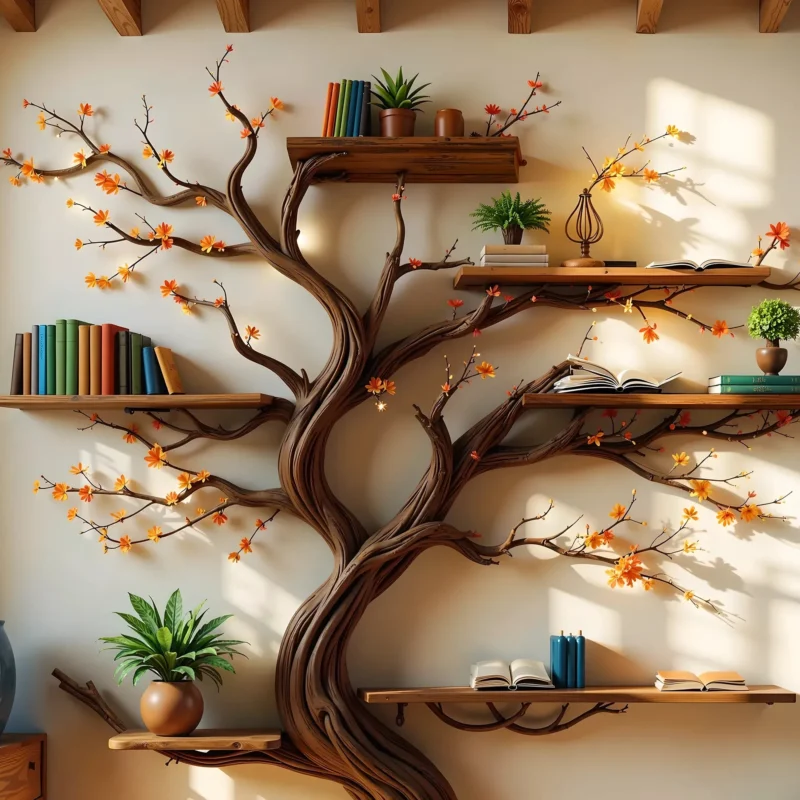 Rustic Wooden Tree Branch Bookshelf – Handmade Nature-Inspired Shelf